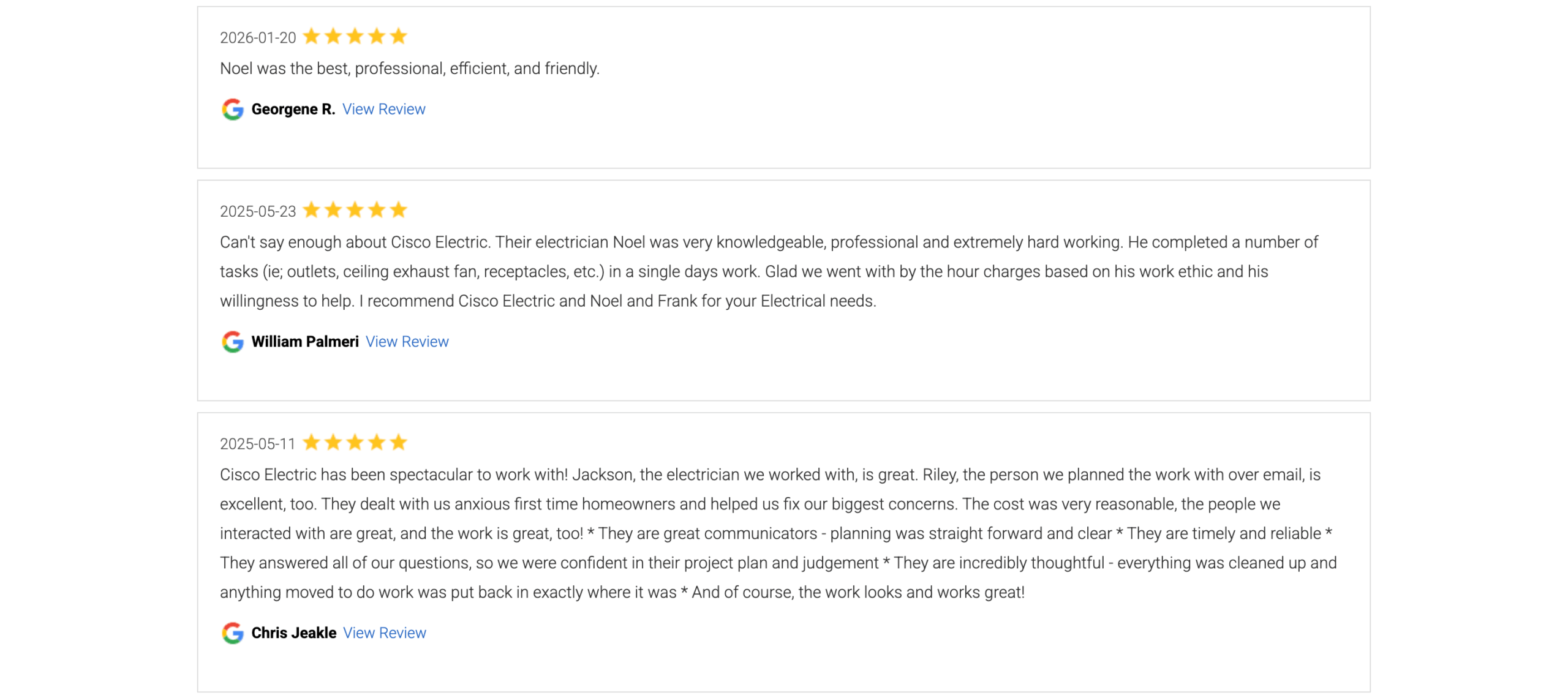 image of electrician's testimonials on website