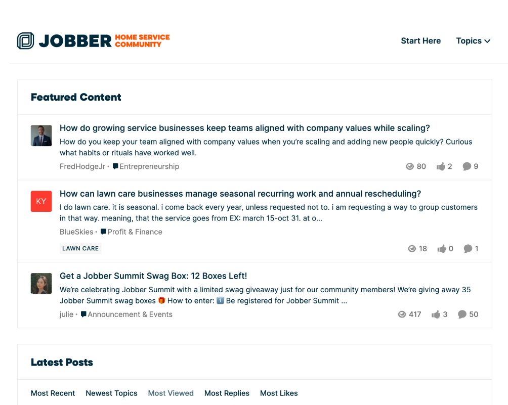 A screenshot of Jobber's home service community forum.