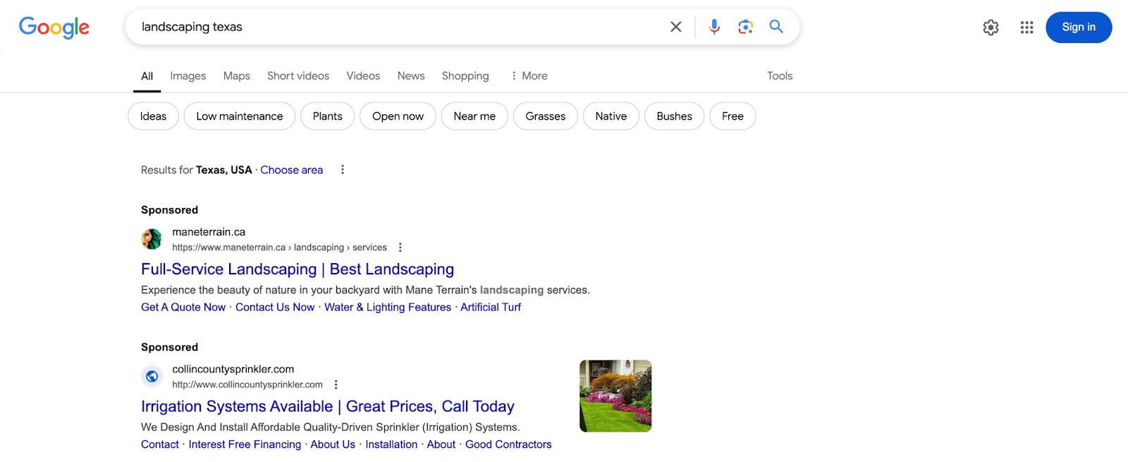 Paid advertising example showing local search results