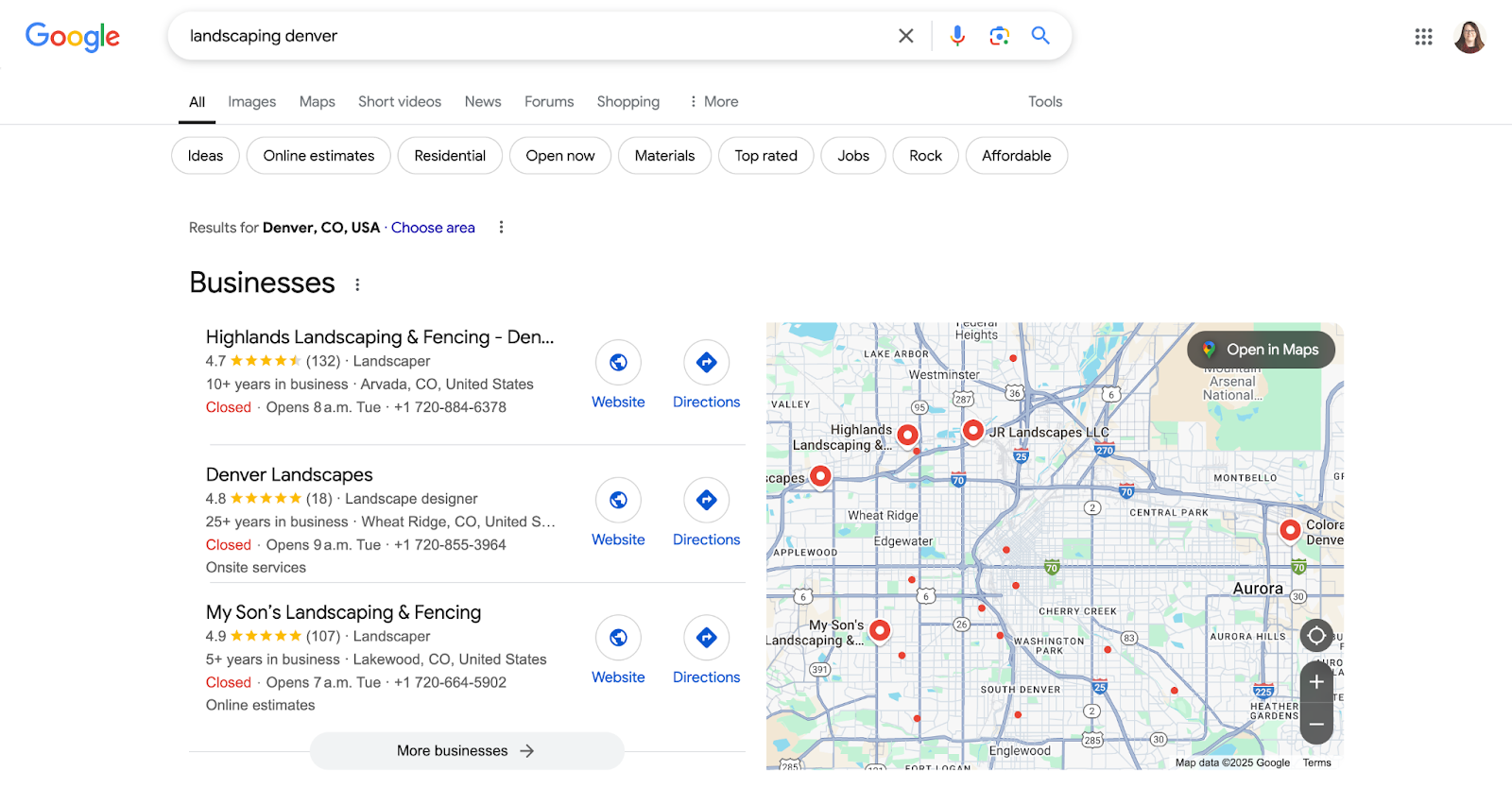 Landscaping Google Business Profiles showing up in local search