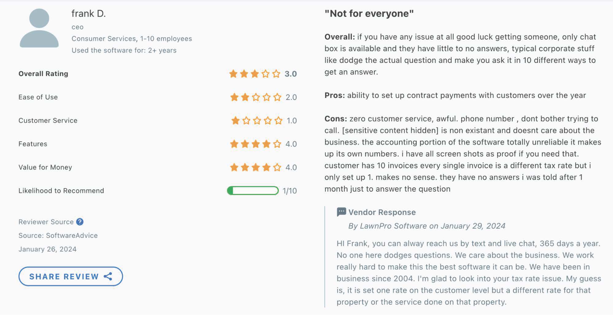 Lawn Pro software customer service
