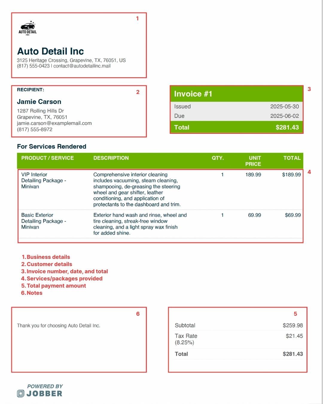 Example of an car detailing invoice built with Jobber's free invoice generator.