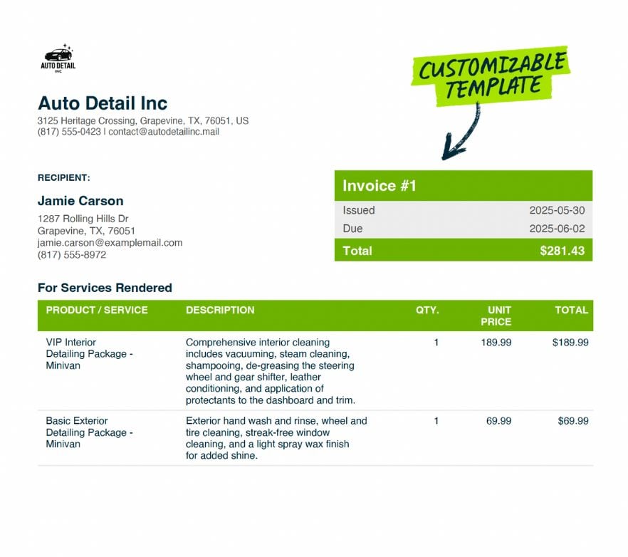 Preview of Jobber's free Auto Detailing Invoice Template