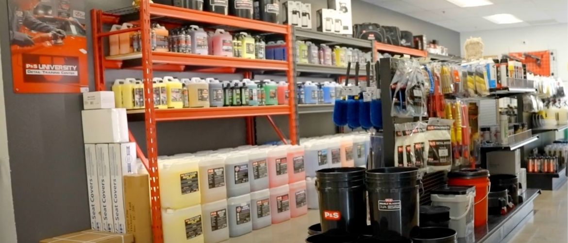 Shop with car detailing cleaning equipment and supplies