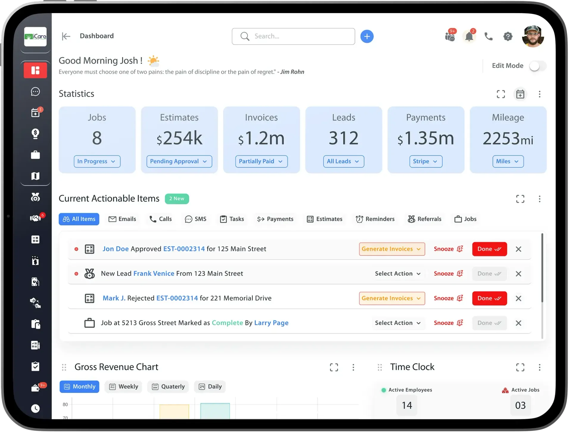 Contractor+ dashboard on tablet