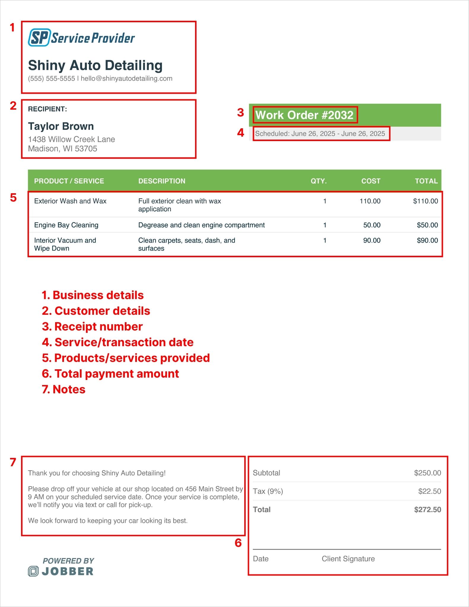 Auto detailing work order template (annotated)