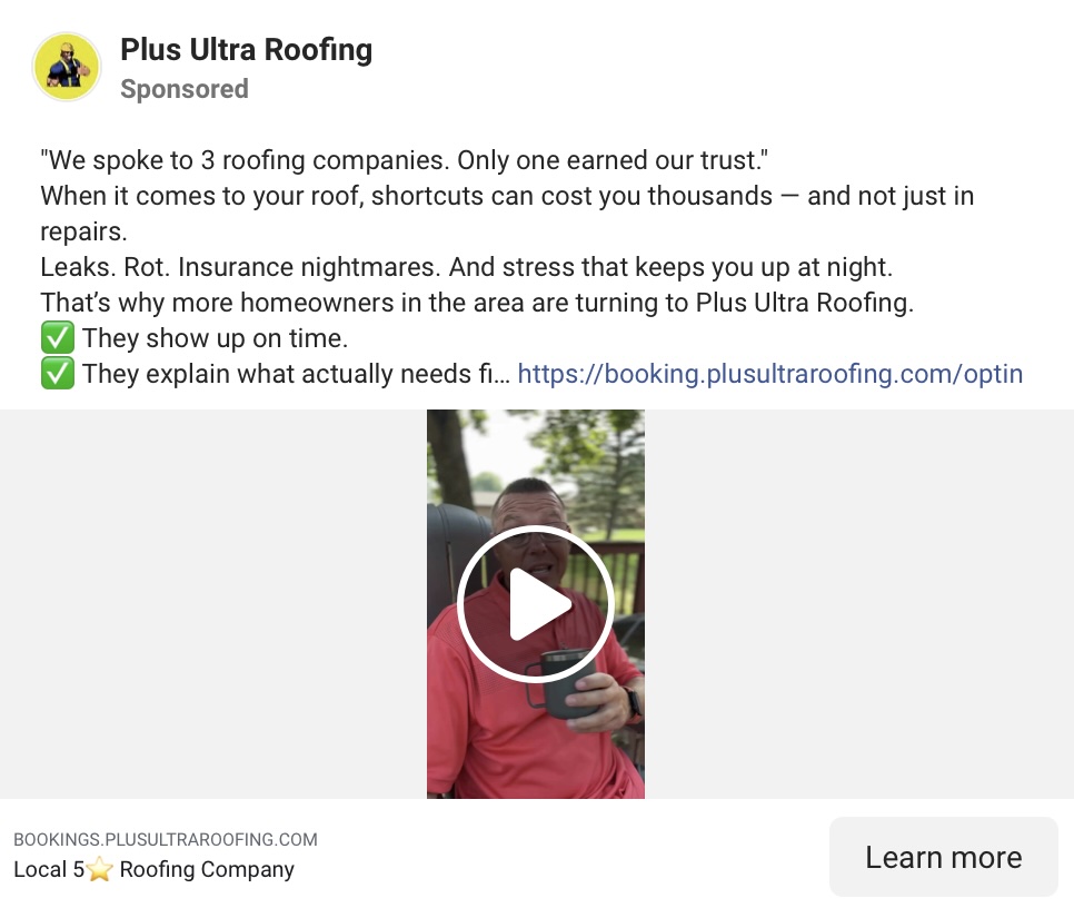 Facebook roofing video ads example