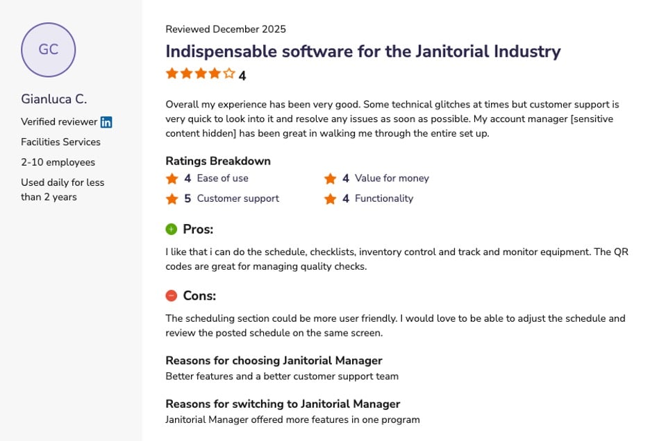 Janitorial Manager user review