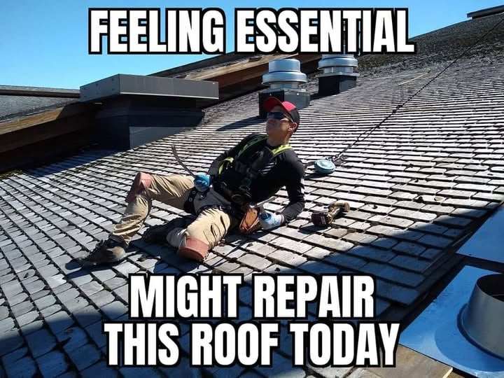 Roofer lounges casually on a steep shingle roof in safety gear with roofing meme caption