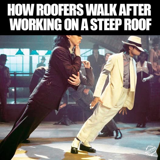 Michael Jackson doing his gravity-defying lean with roofing meme caption