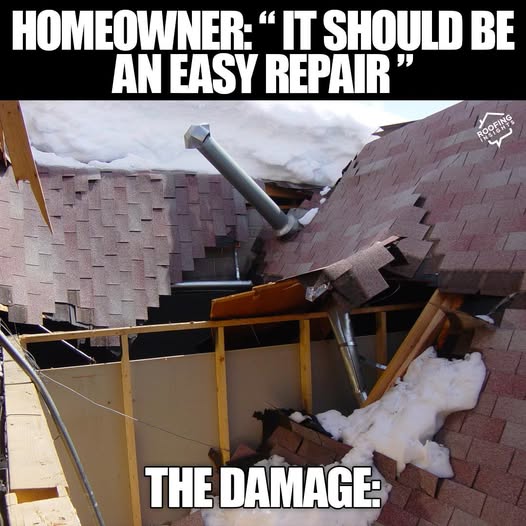 Major roof collapse with snow and broken framing with roofing meme caption