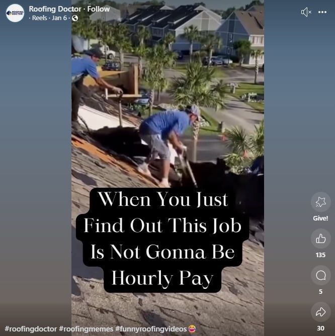 Two roofers tearing off shingles on a steep roof with roofing meme caption