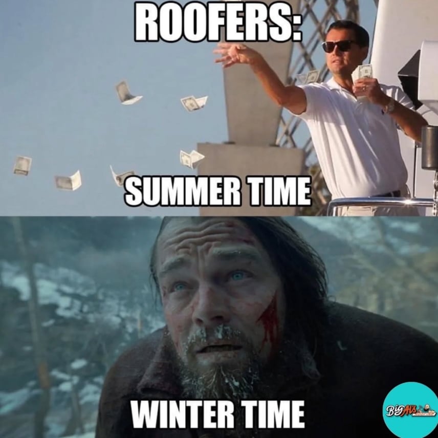 Two panels of Leonardo DiCaprio. One tossing money on a yacht another freezing and frostbitten with roofing meme caption