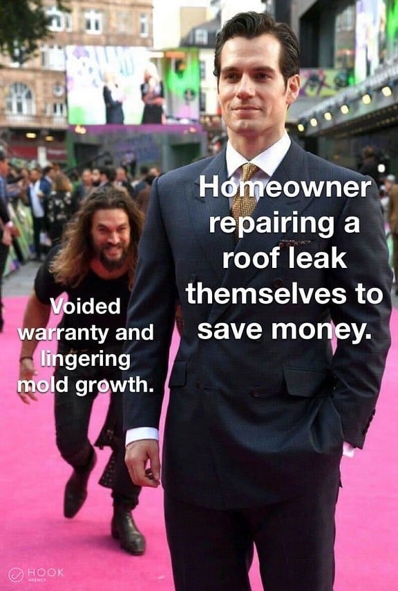 Jason Momoa sneaking up behind Henry Cavil with roofing meme caption