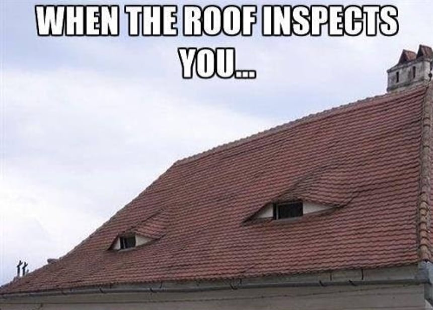 A house roof has windows shaped like eyes with roofing meme caption