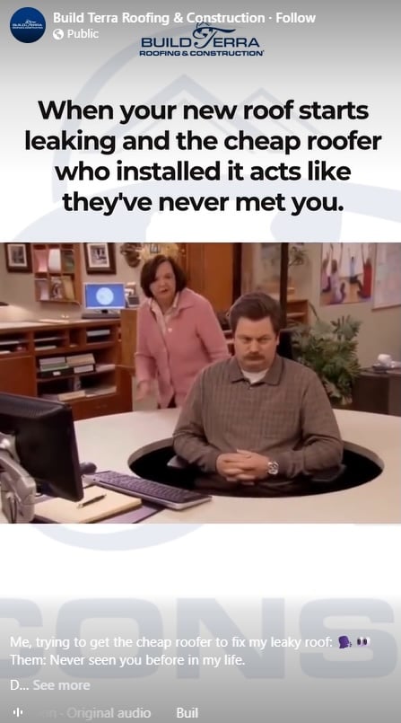 Ron Swanson from Parks and Recreation turning away from a visitor at his desk with roofing meme caption
