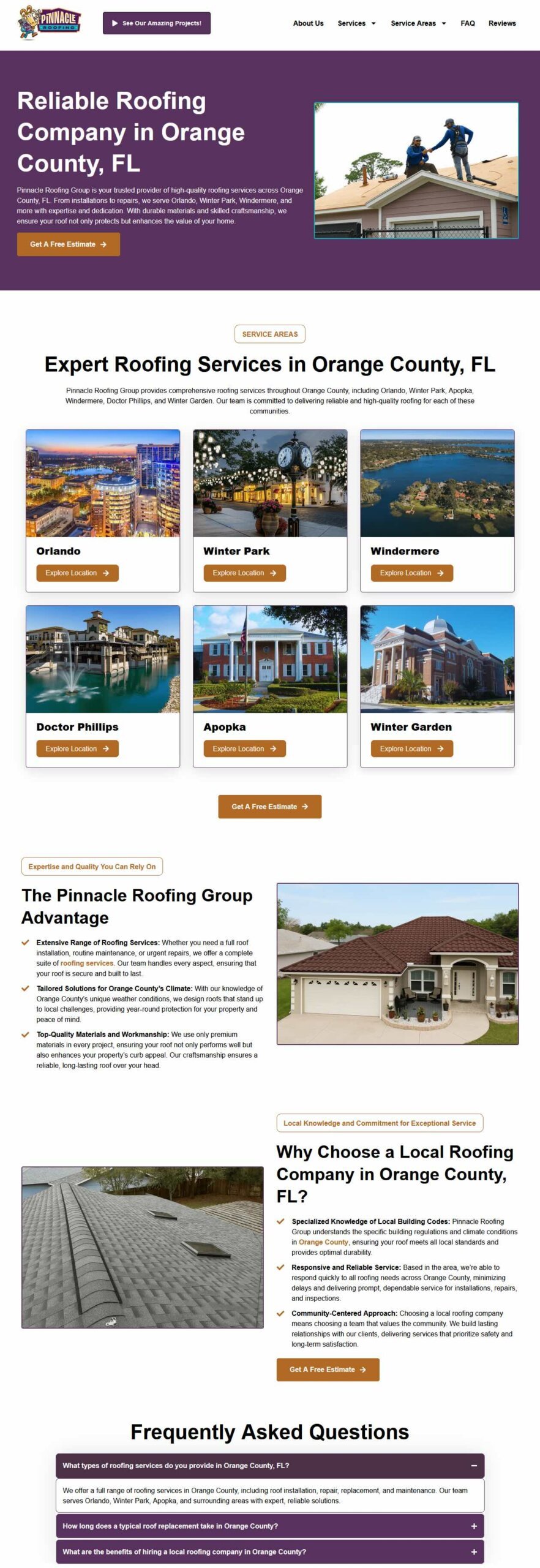Pinnacle Roofing service area page