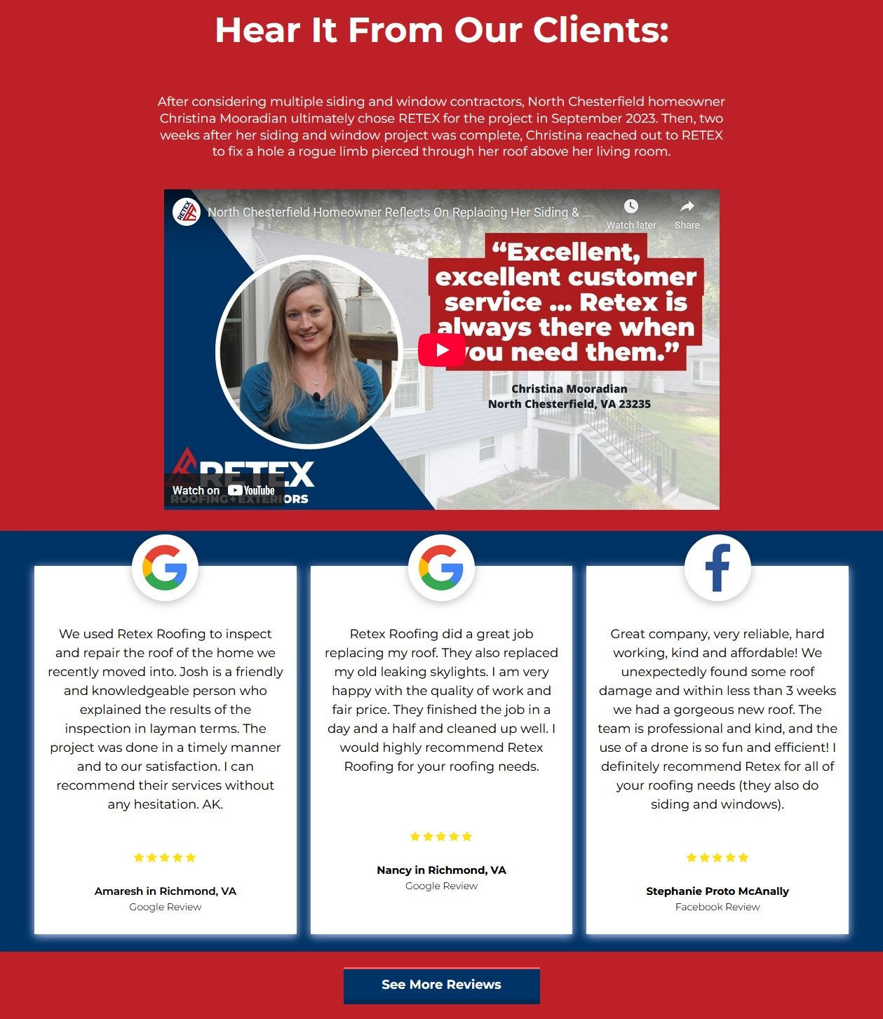 Retex Roofing & Exteriors client review page