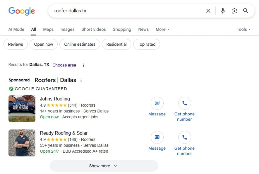 Google Local Services ads for roofing company in Dallas, TX