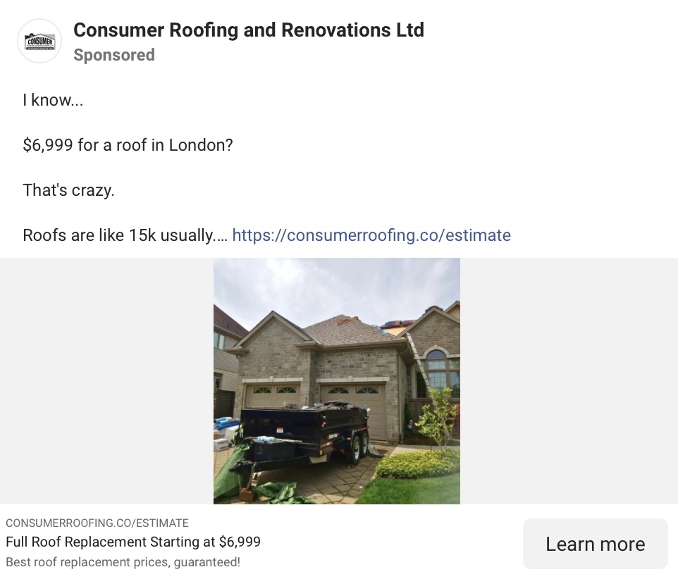 Facebook roofing messenger ads example