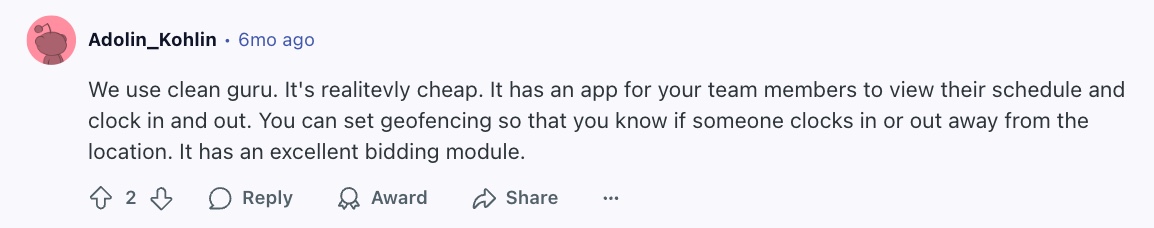 Image of Reddit user's review of the CleanGuru App