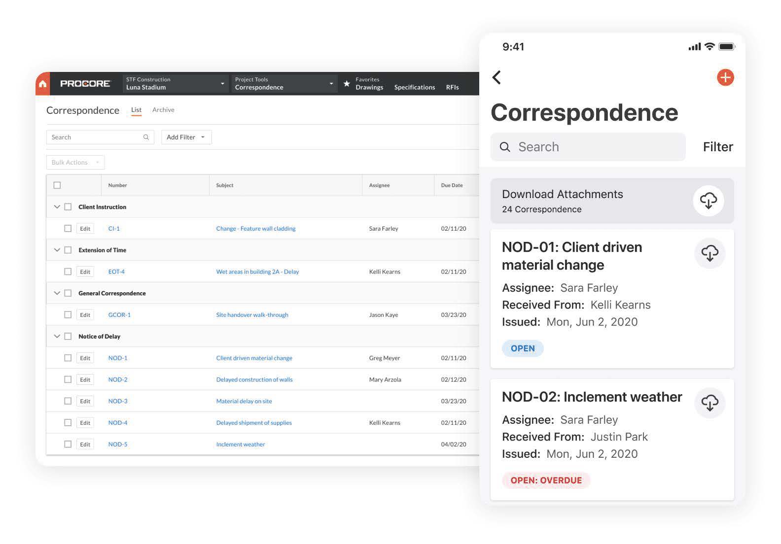 Procore construction app desktop and mobile view