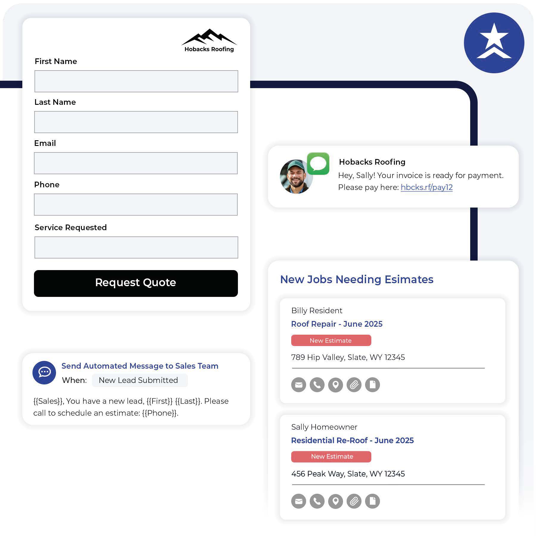 A screenshot of a quote request form, an automated message to the sales team, a text message stating an invoice is ready, and new jobs needing estimates