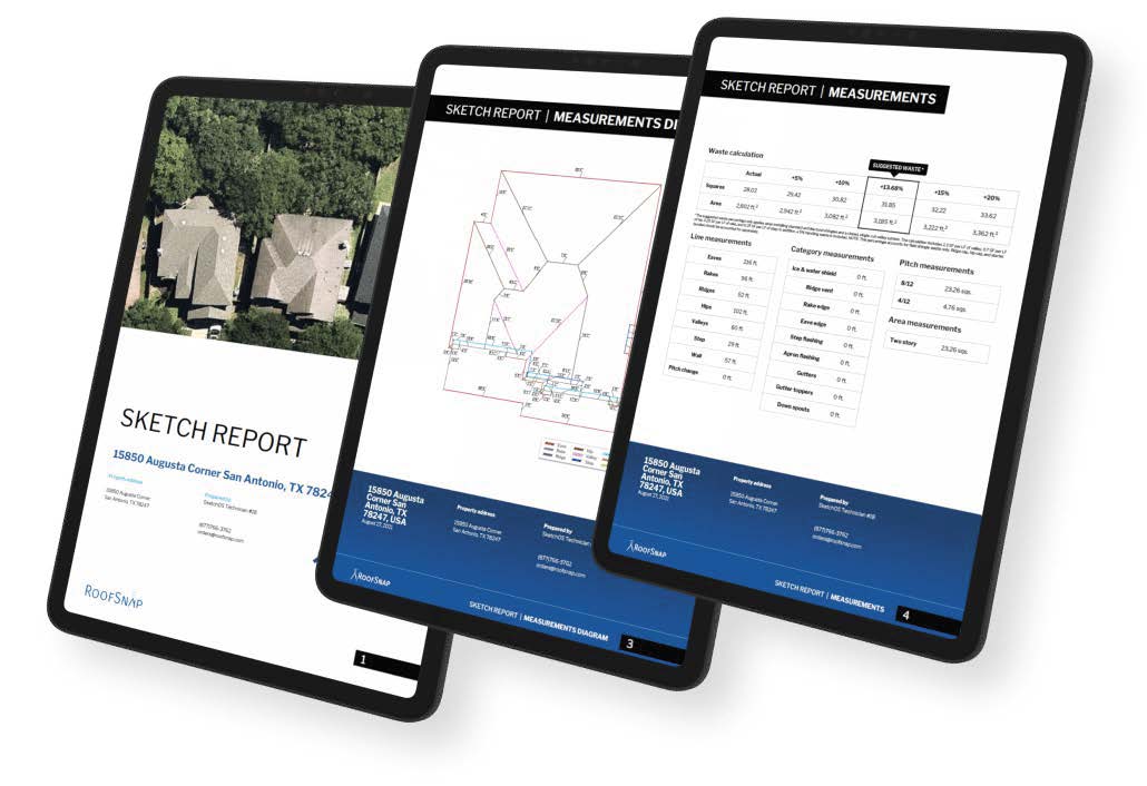 Three screenshots of a sketch report on tablets
