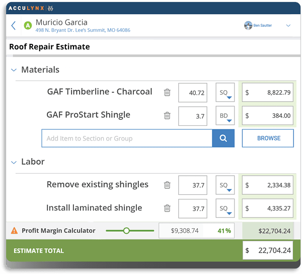 image of estimating roofing jobs in Acculynx