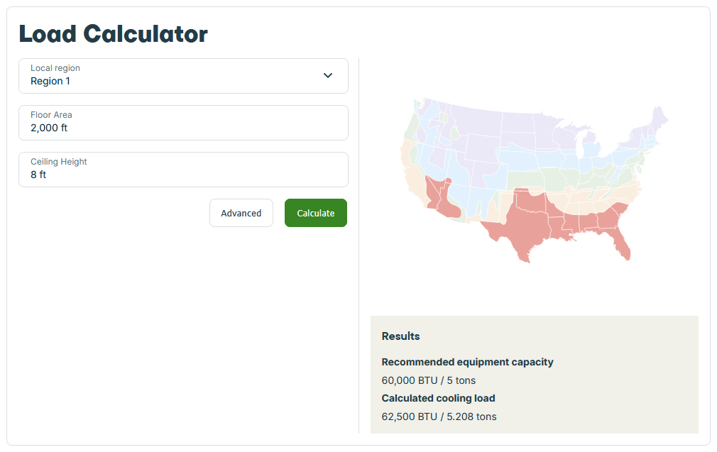 HVAC load calculator screenshot