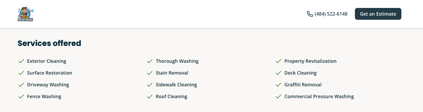 RJ Pressure Washing's services list