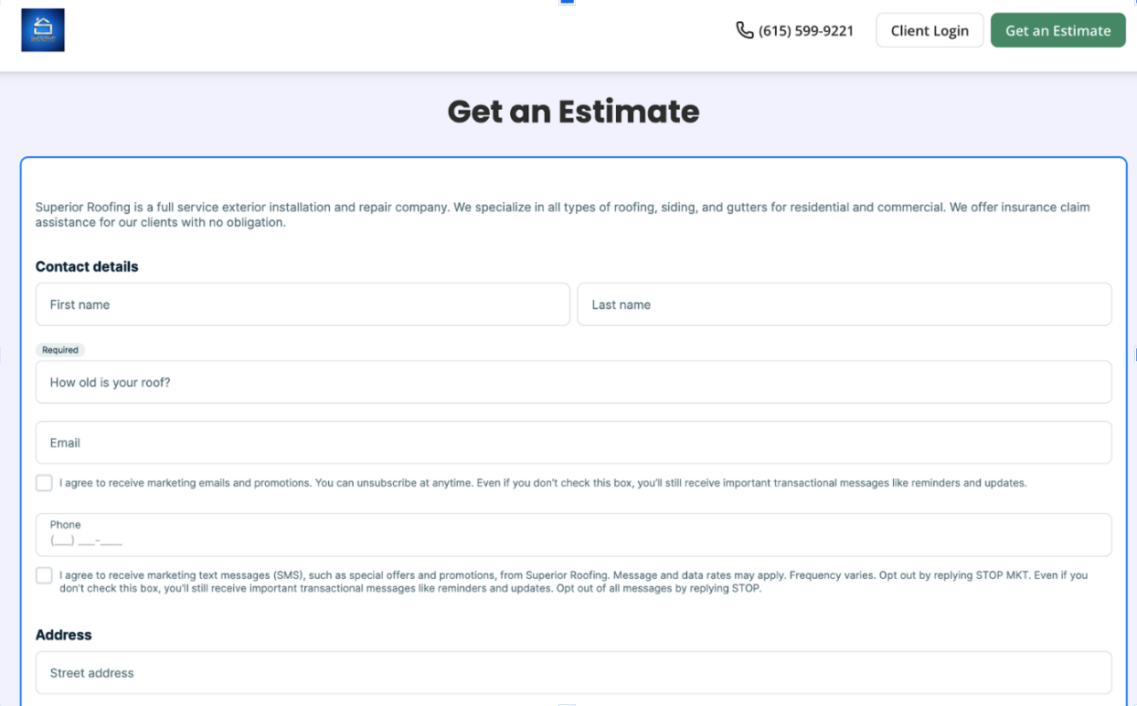 image of Superior Roofing's quote request form