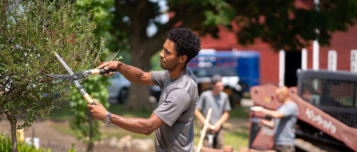 A young landscaper trims a tree in the foreground while two other workers lay bricks around a garden in the background.
