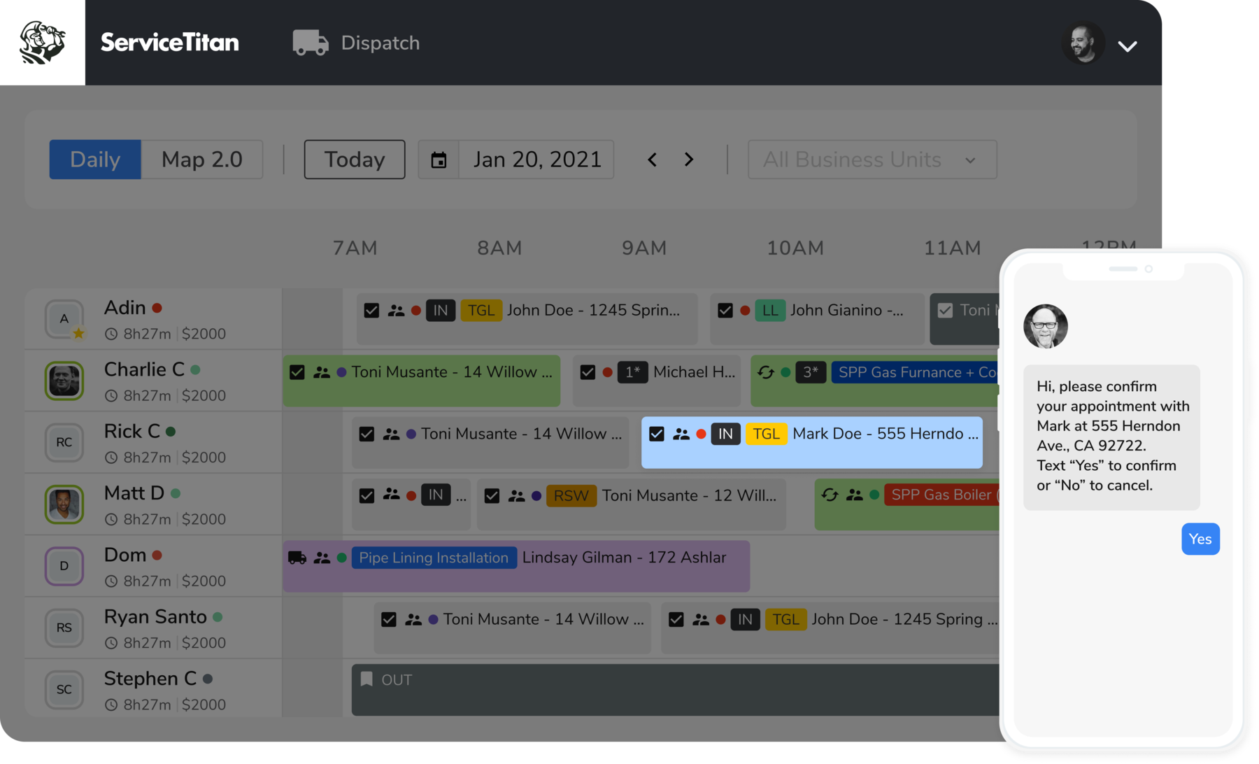image of ServiceTitan's schedule and notification