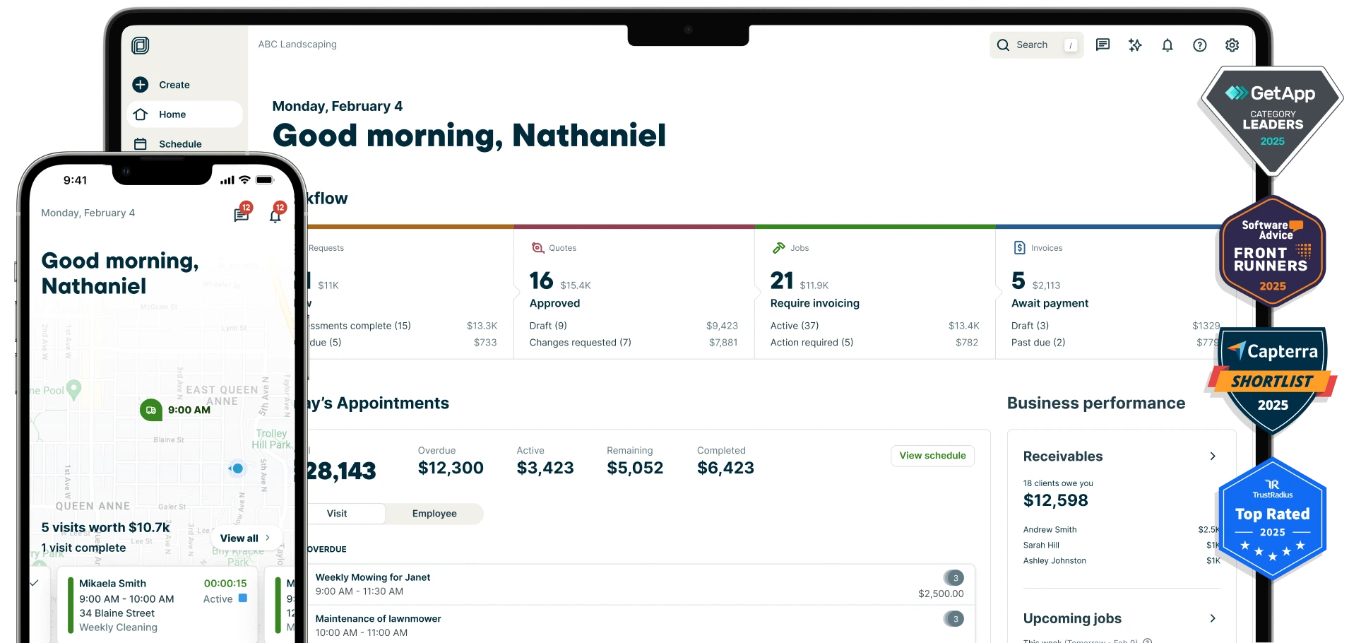 Jobber routing map on a mobile device and Jobber dashboard on a laptop.