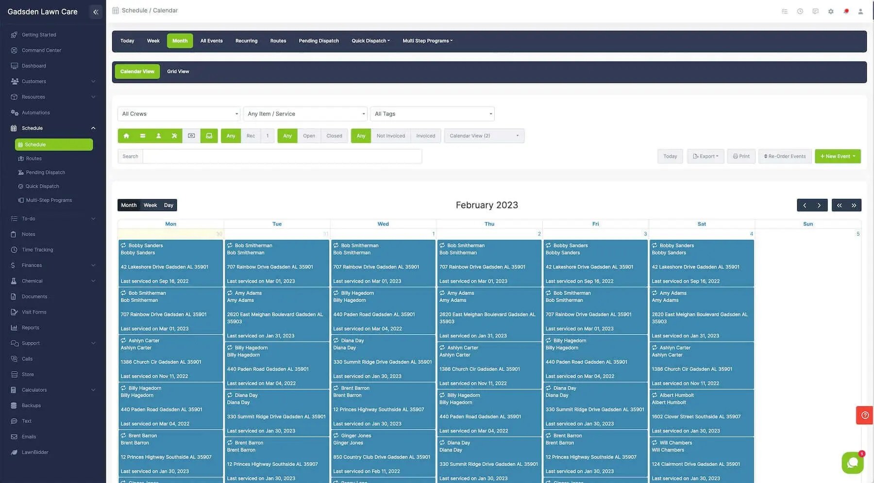 Screenshot of a monthly schedule in LawnPro