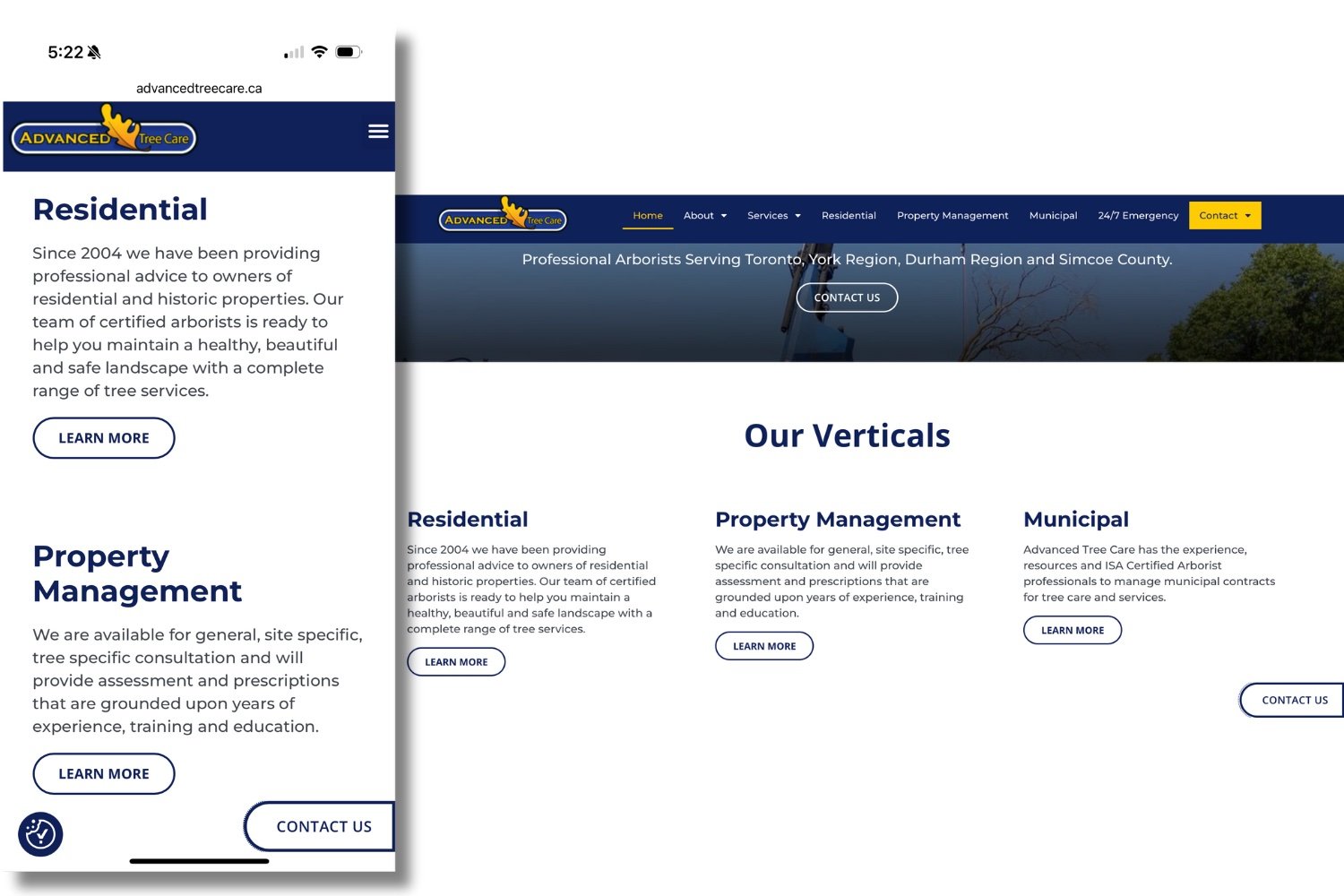 Images showing mobile and desktop views of the Advanced Tree Care website