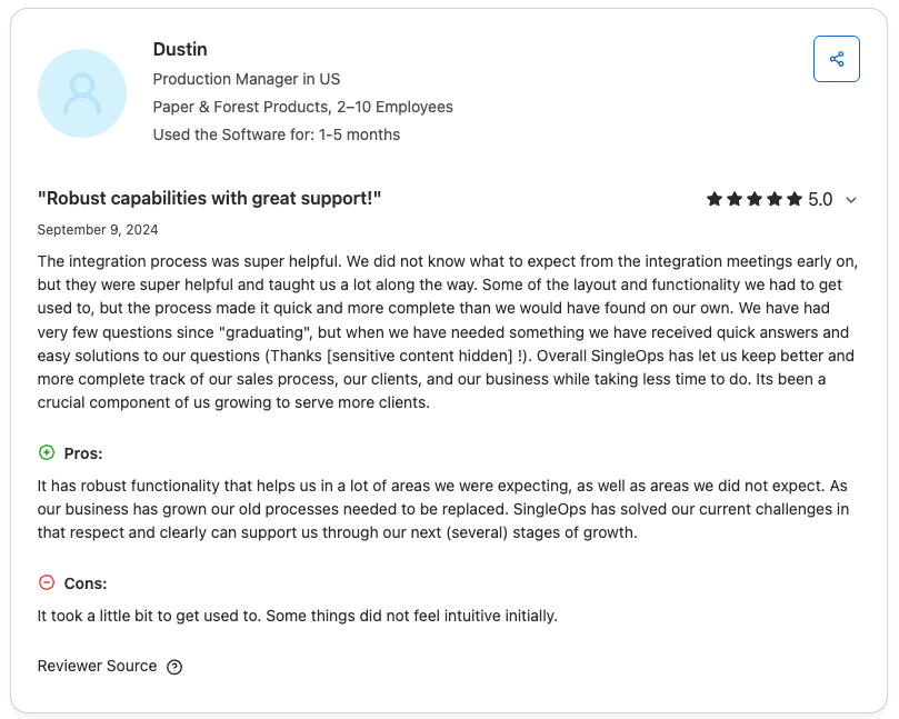 image of overall positive review of SingleOps