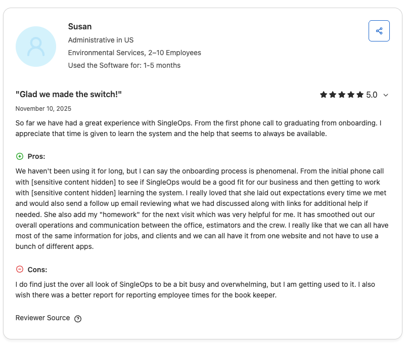 image of SingleOps customer review about time tracking