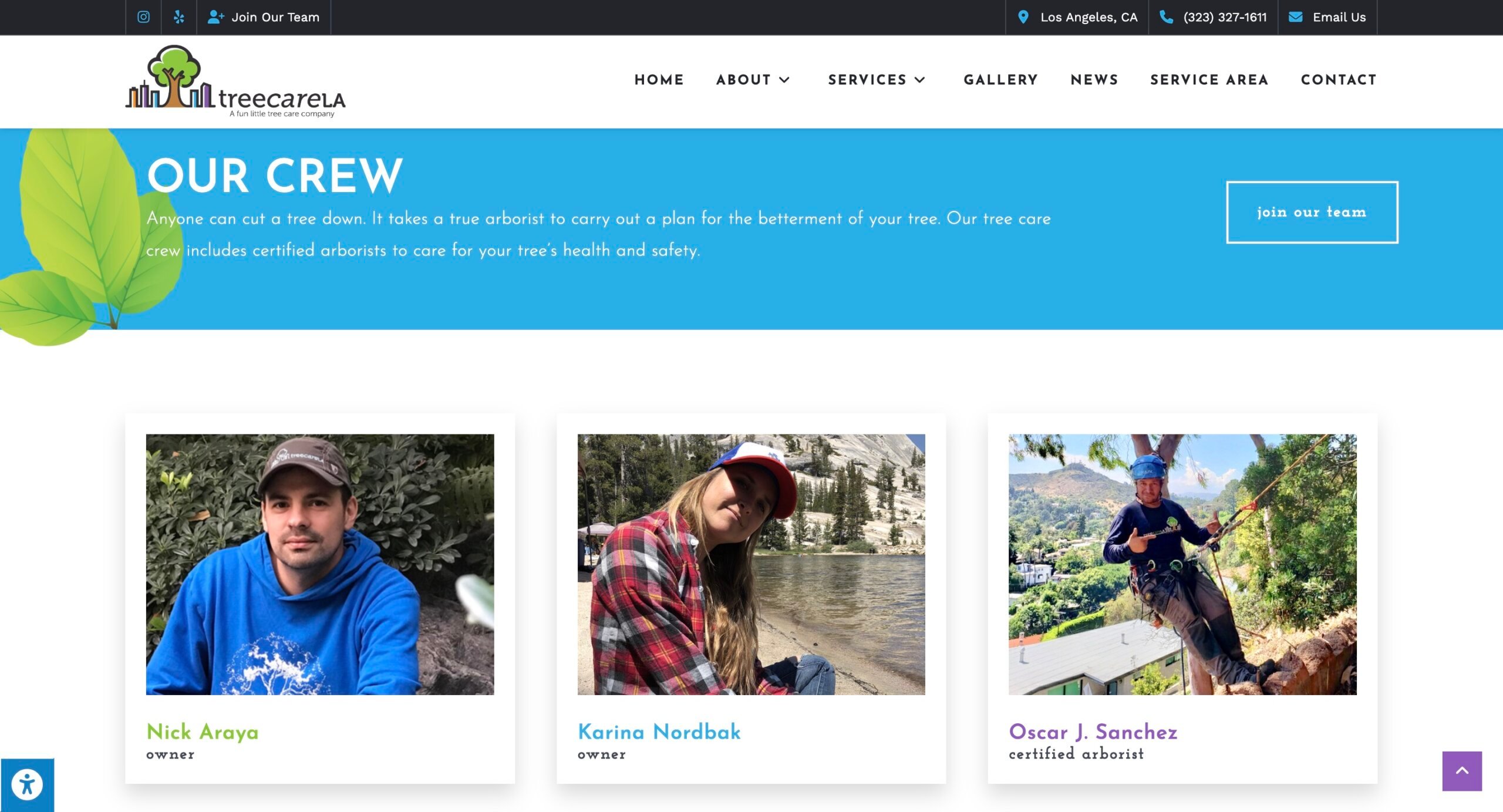 Image of the Our Crew page on the TreeCareLA website