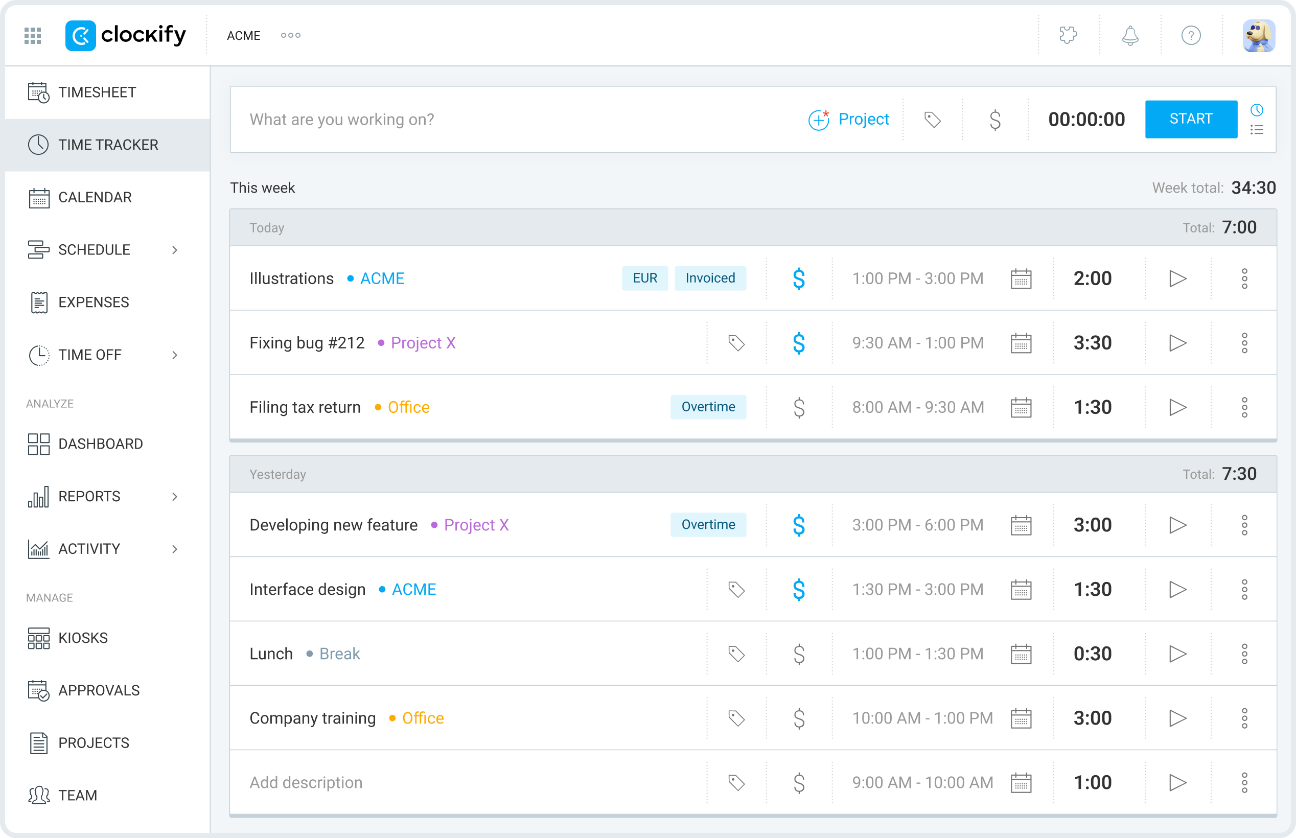 Clockify time tracking dashboard
