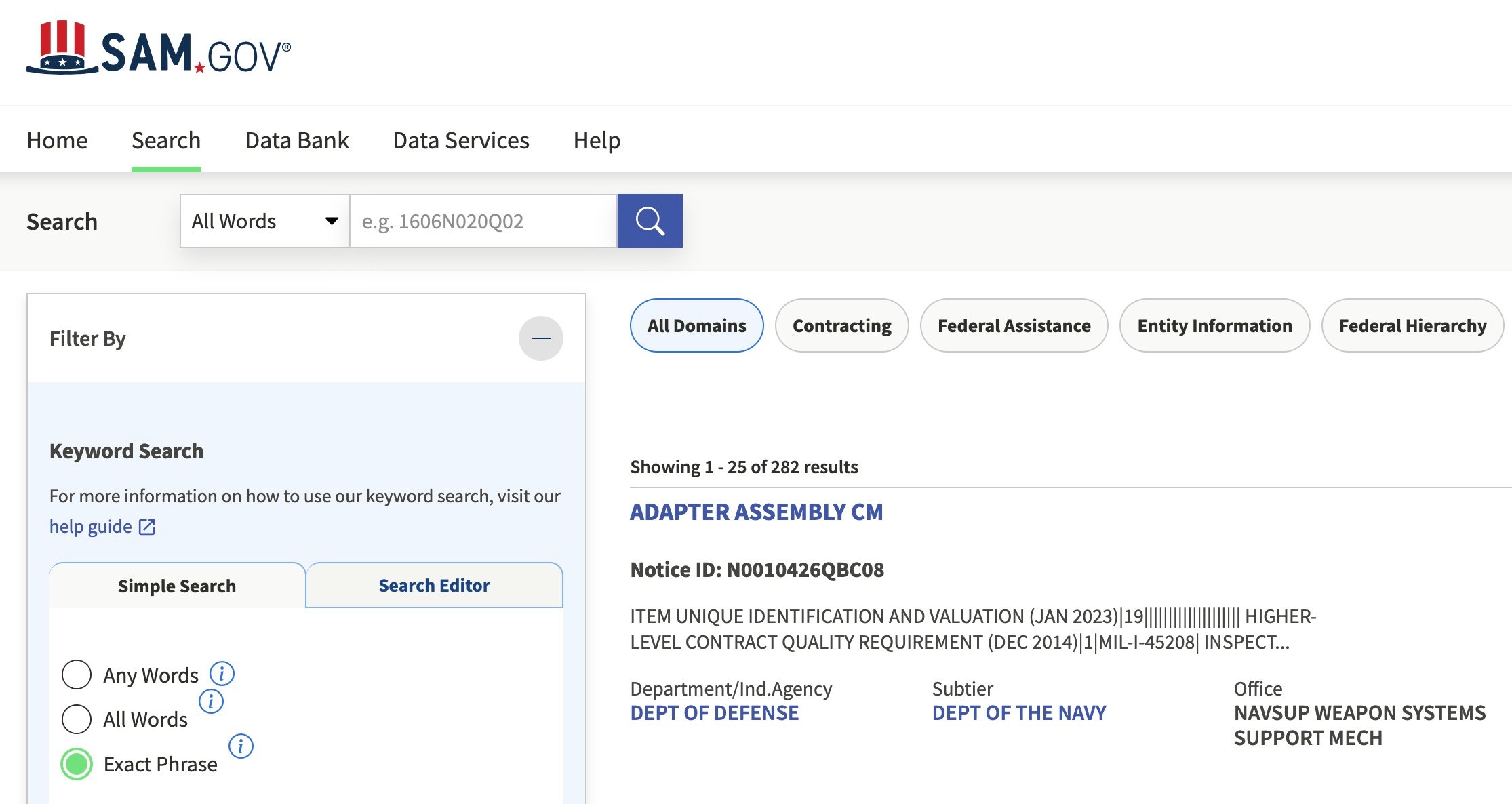 An example of SAM.gov’s contract search results.