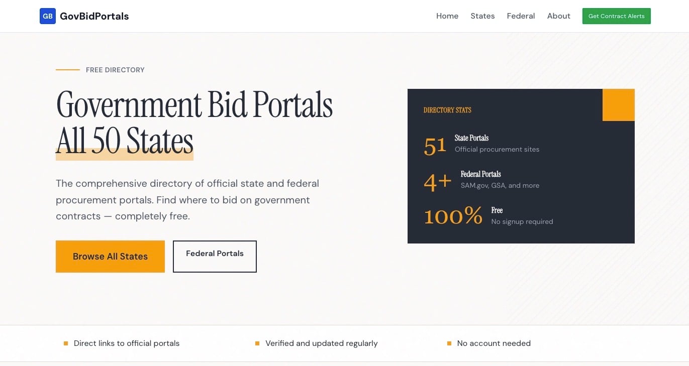 Home page of the GovBidPortals website
