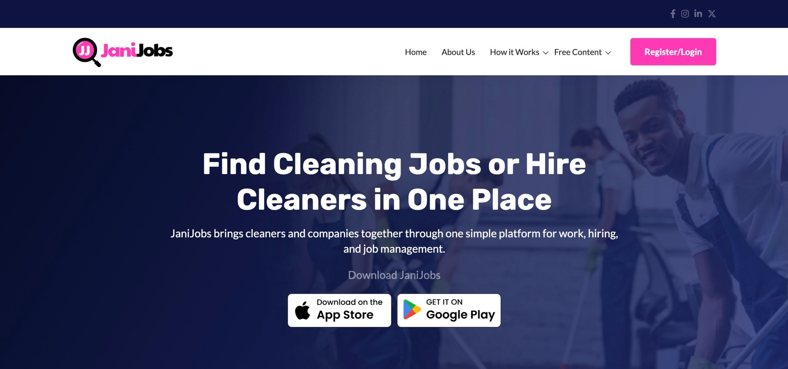 Home page of the JaniJobs website