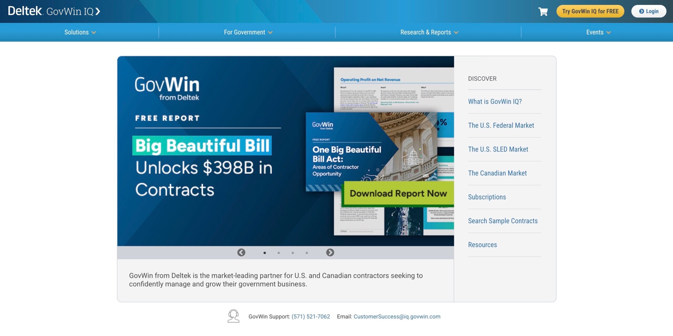 Home page of the GovWin IQ website