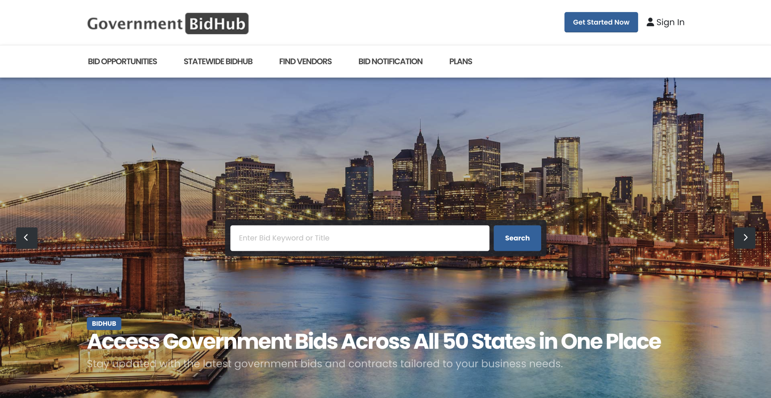 Home page of the Government Bid Hub website