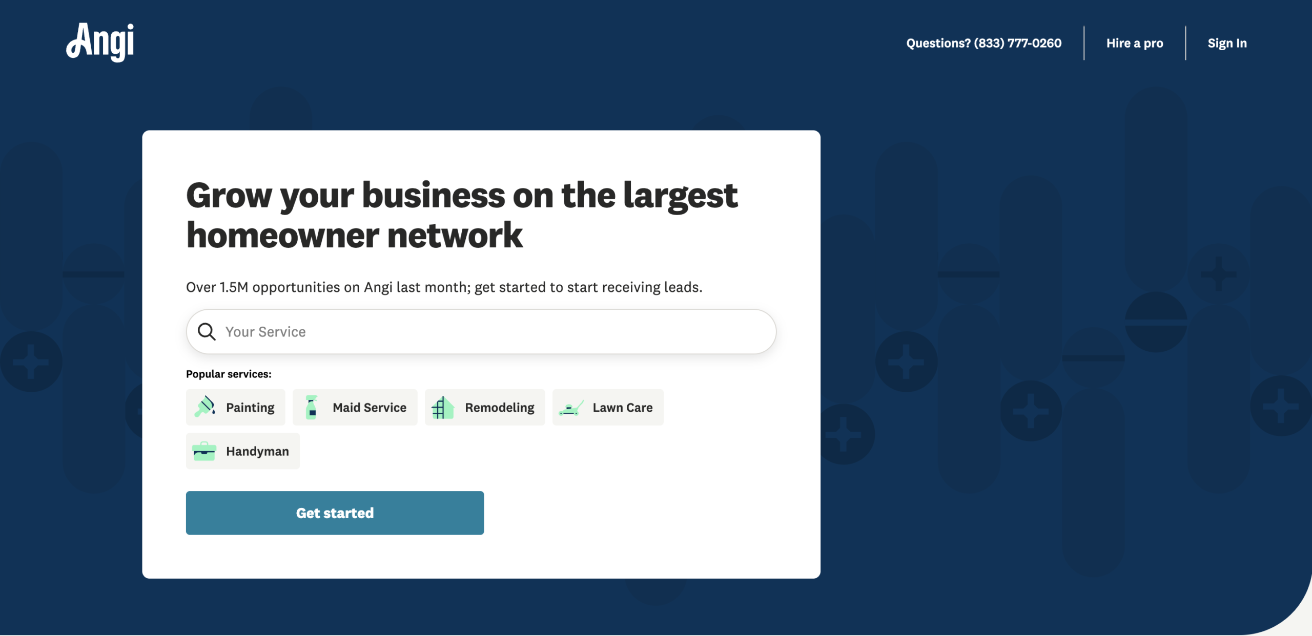 Pros page of the Angi website