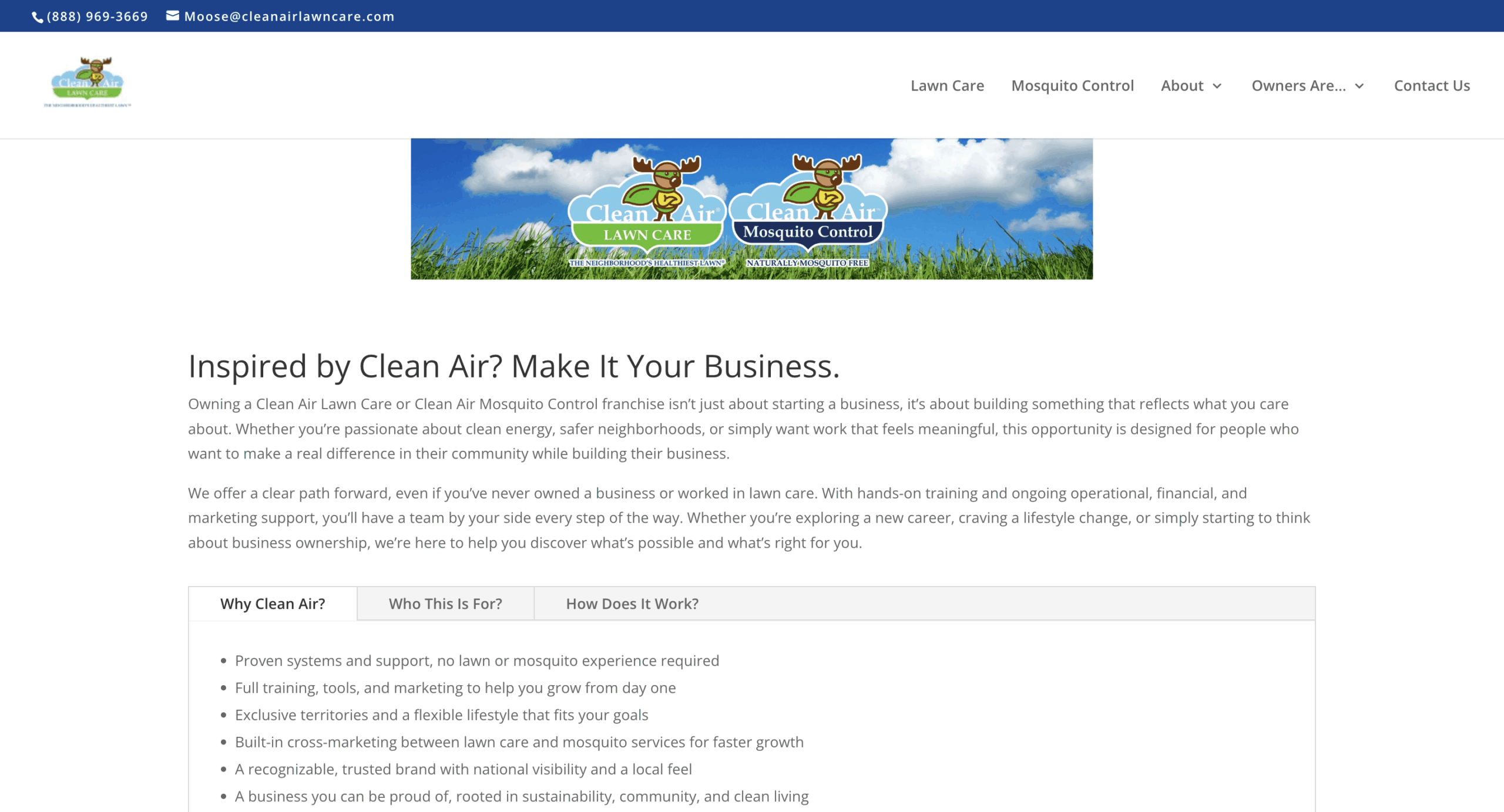 image of Clean Air franchise website