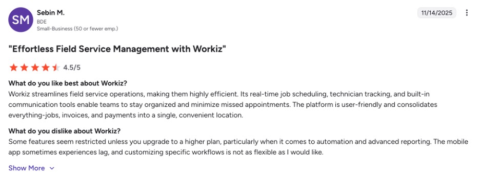 Favorable Workiz review