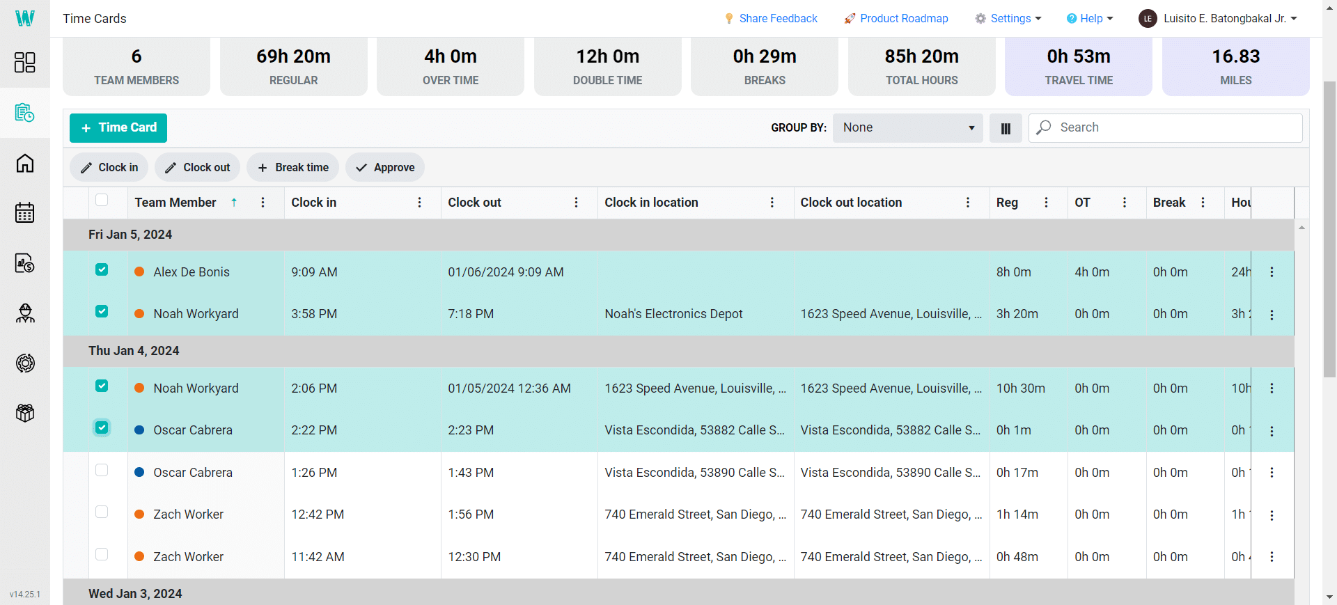Workyard time cards screenshot